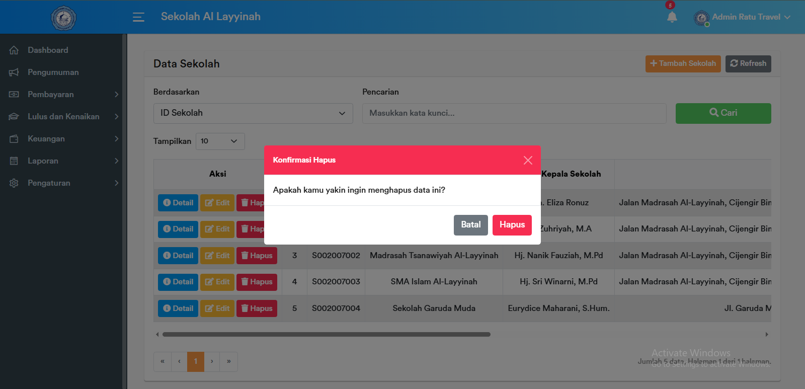 Konfirmasi Hapus Sekolah